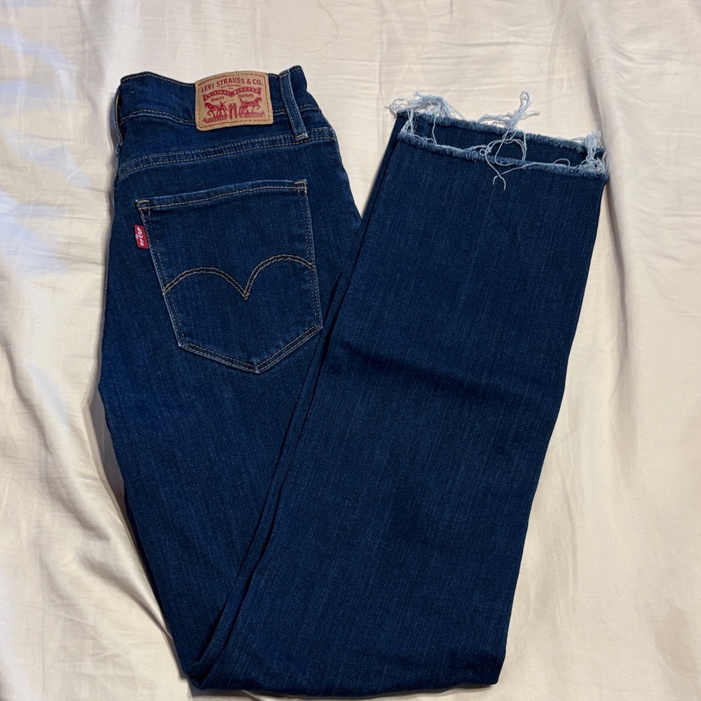 Levi's Dark Blue Frayed Hem High Rise Straight Jeans